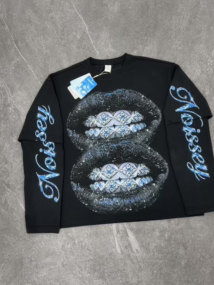 NOISSEY Glitter Sapphire Iced-Out Lips Faux Layer Long Sleeves