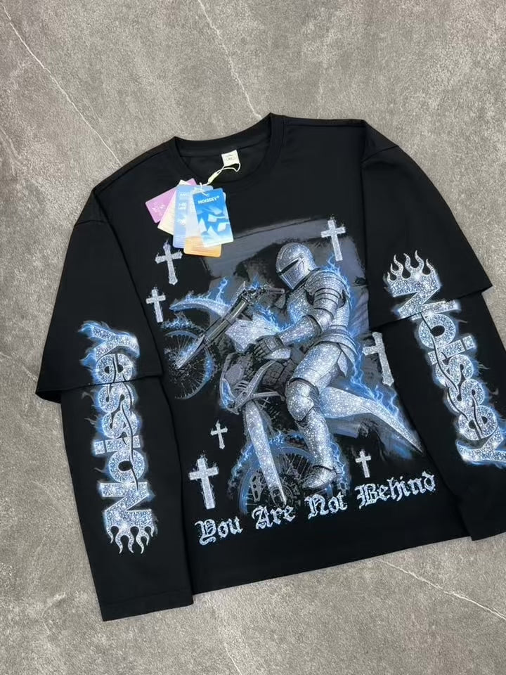 NOISSEY Iced-Out Knight & Motocross Blue Flame Cross Faux Layer Long Sleeve Tee