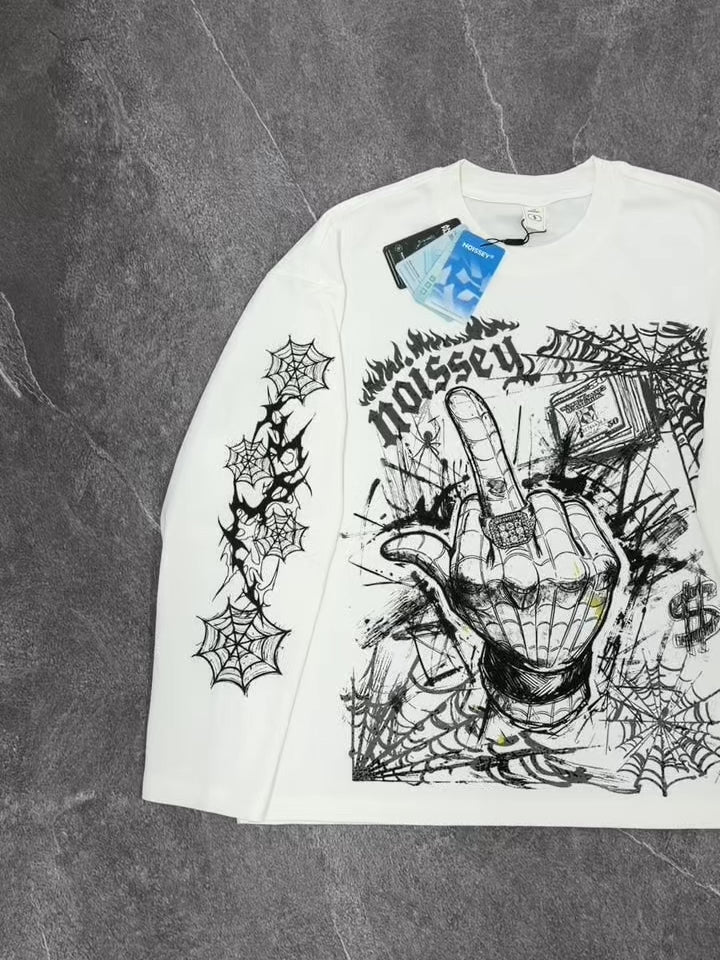 NOISSEY Felpa bianca pura con maniche lunghe, ragno disegnato a mano libera e ragnatela