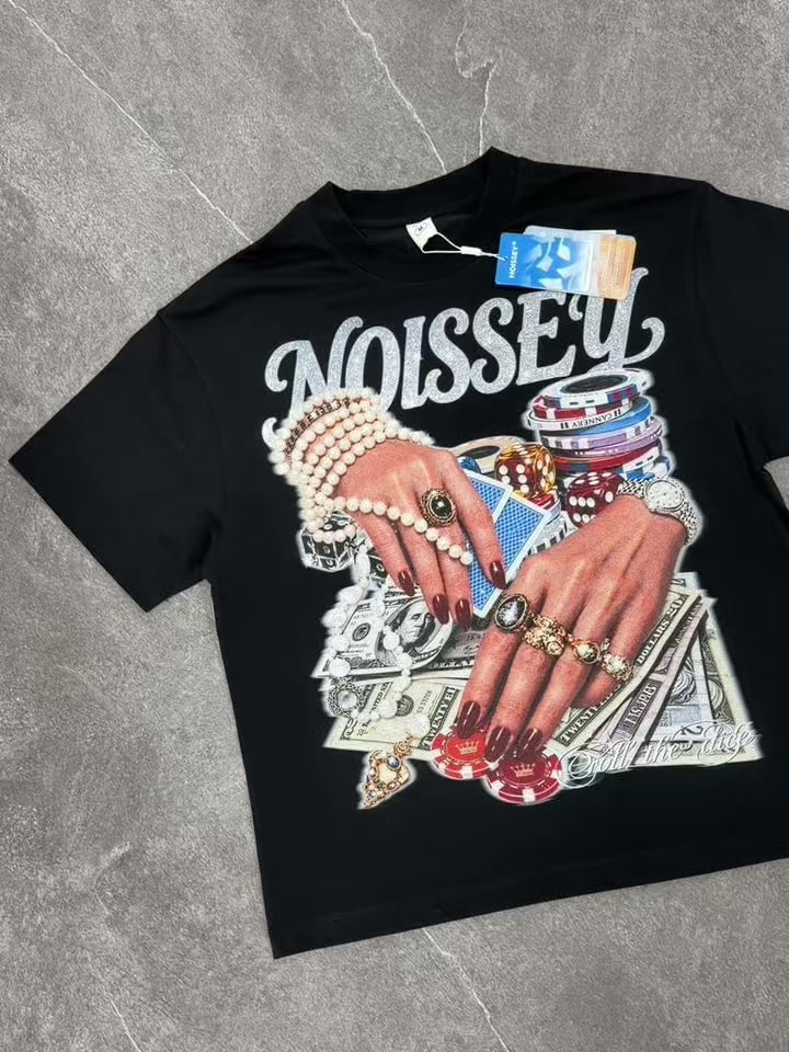 NOISSEY "High Roller" Pearl Bracelets & Poker Hands Graphic Black Oversized T-Shirt