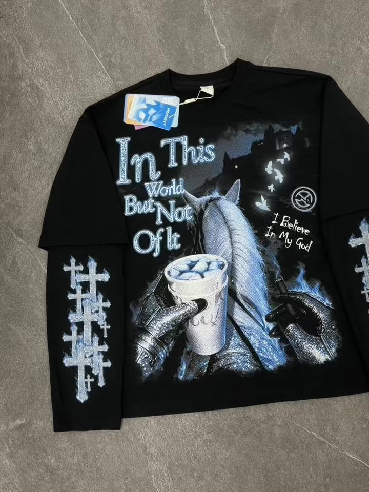 NOISSEY "In This World" Knight & White Horse Purple Cup Faux Layer Long Sleeve Tee