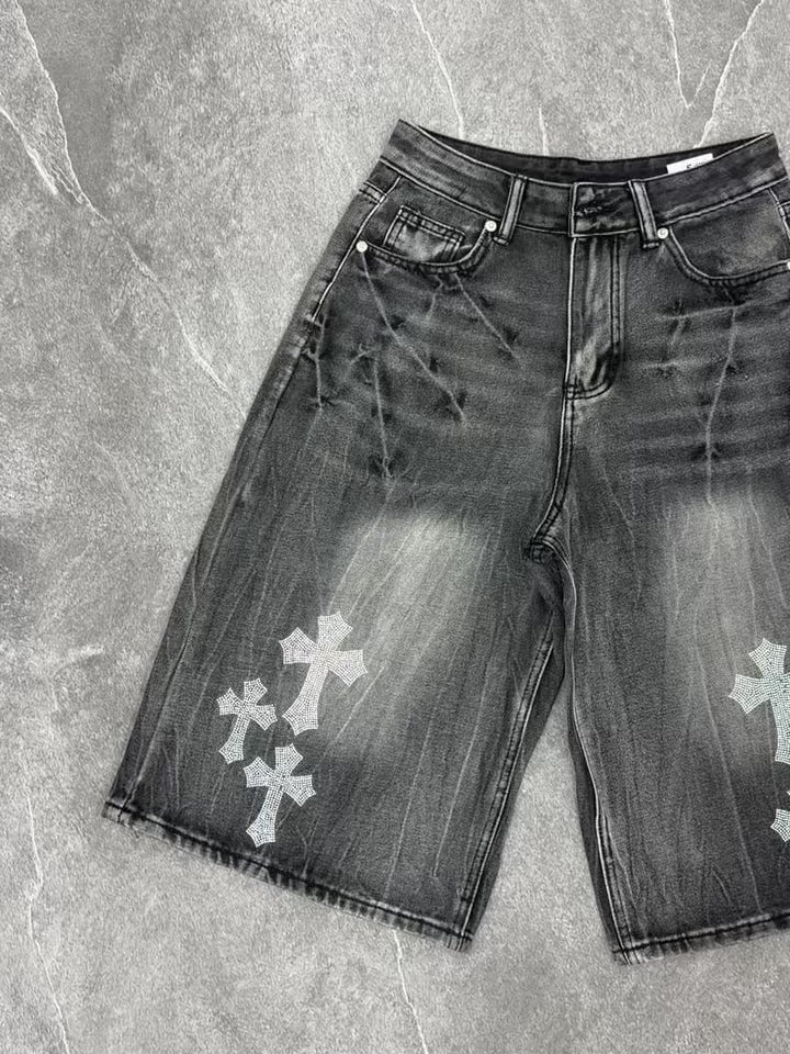 NOISSEY "Galactic Constellation" Asymmetric Gothic Cross Denim Jorts 2 Colors