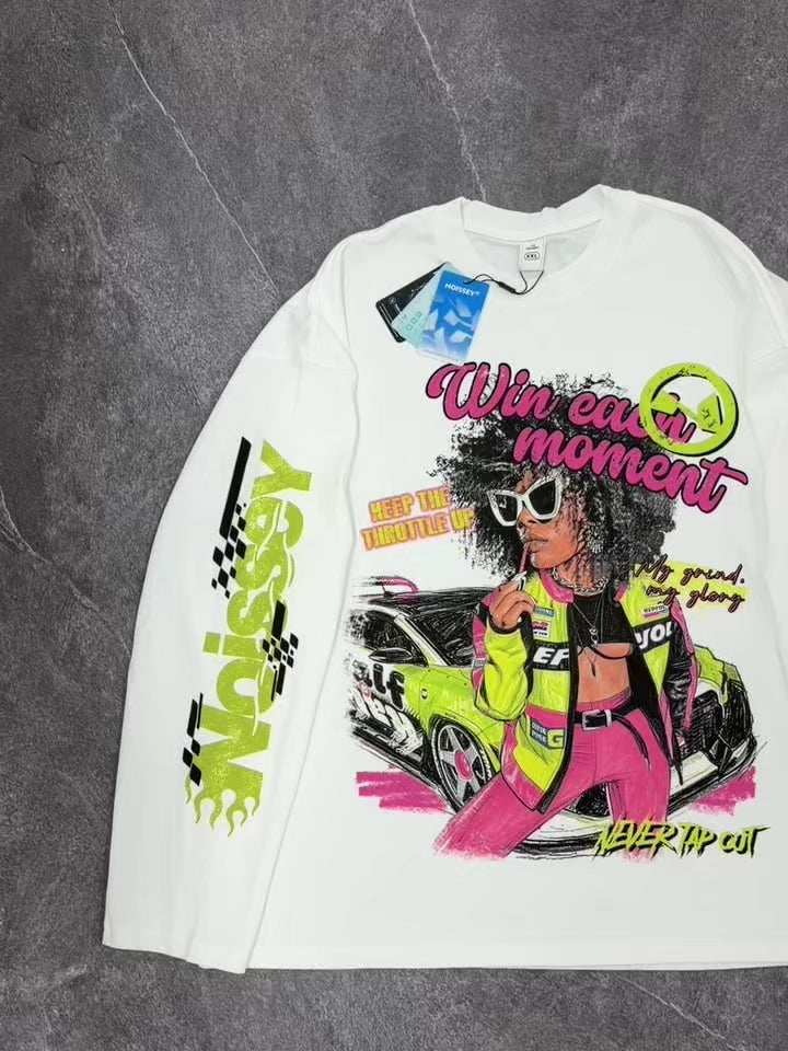 NOISSEY Langarm-Sweatshirt mit Biker-Girl- und Street-Graffiti-Motiv – Weiß