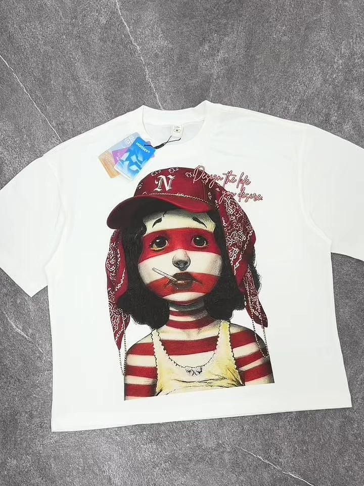 NOISSEY Red Bandana Striped Girl Oil Painting Graphic Boxy Tee - White Heavyweight Streetwear Shirt