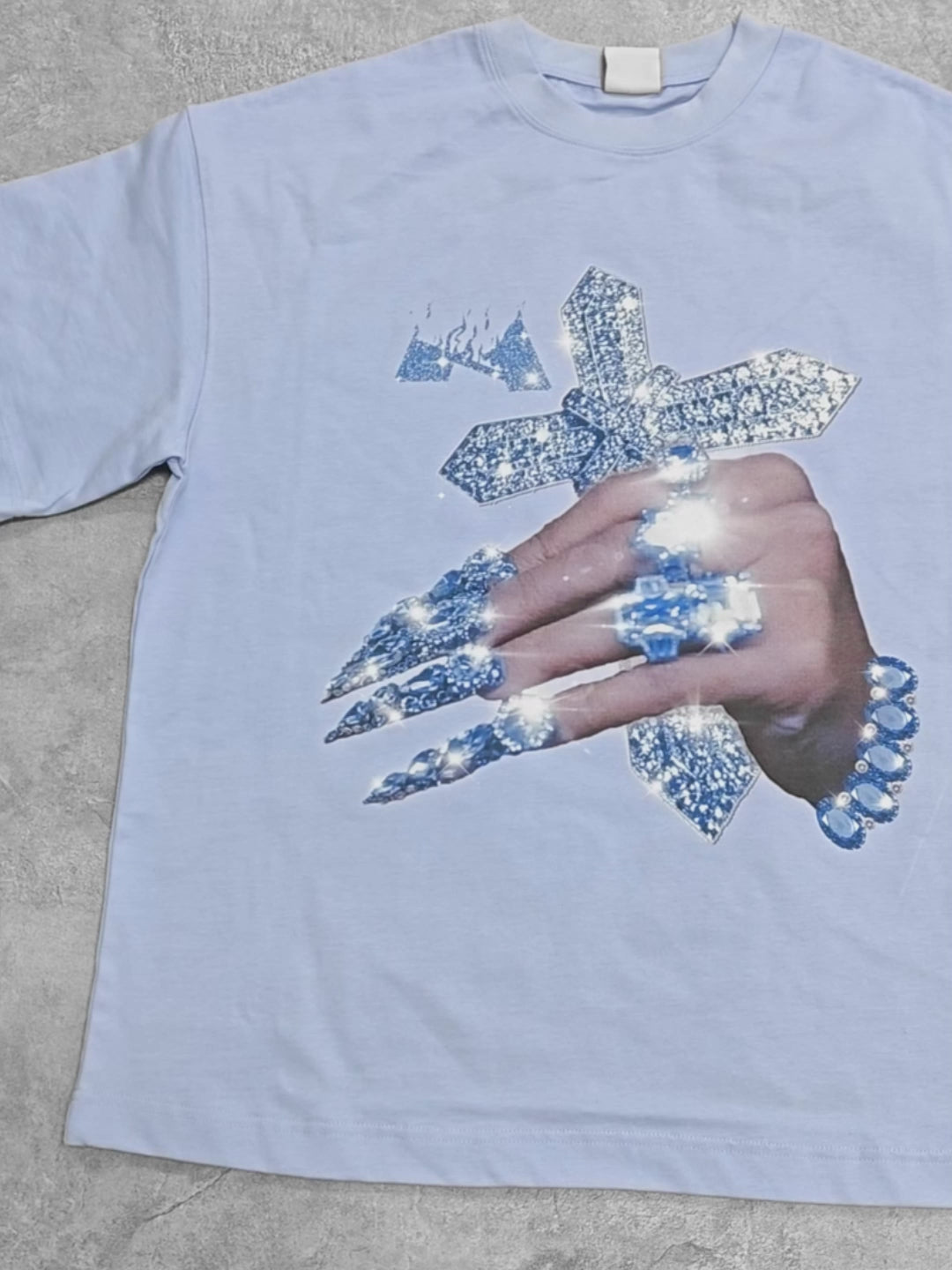 High Quality Sky Blue Sapphire Diamond Ring Cross Print T-shirt - 310g