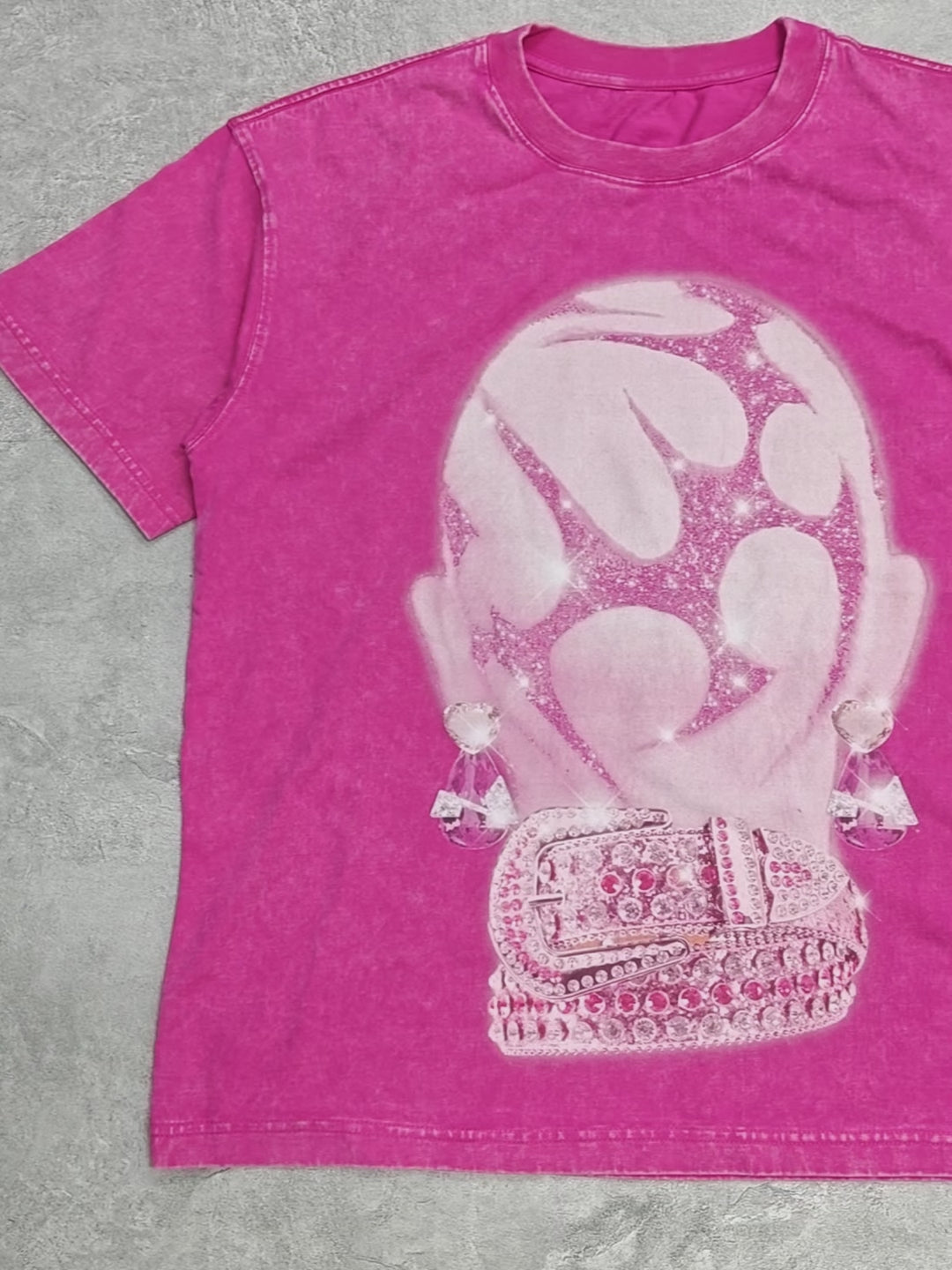 Trendy Pink Diamond-Embellished Head Print Wash T-shirt