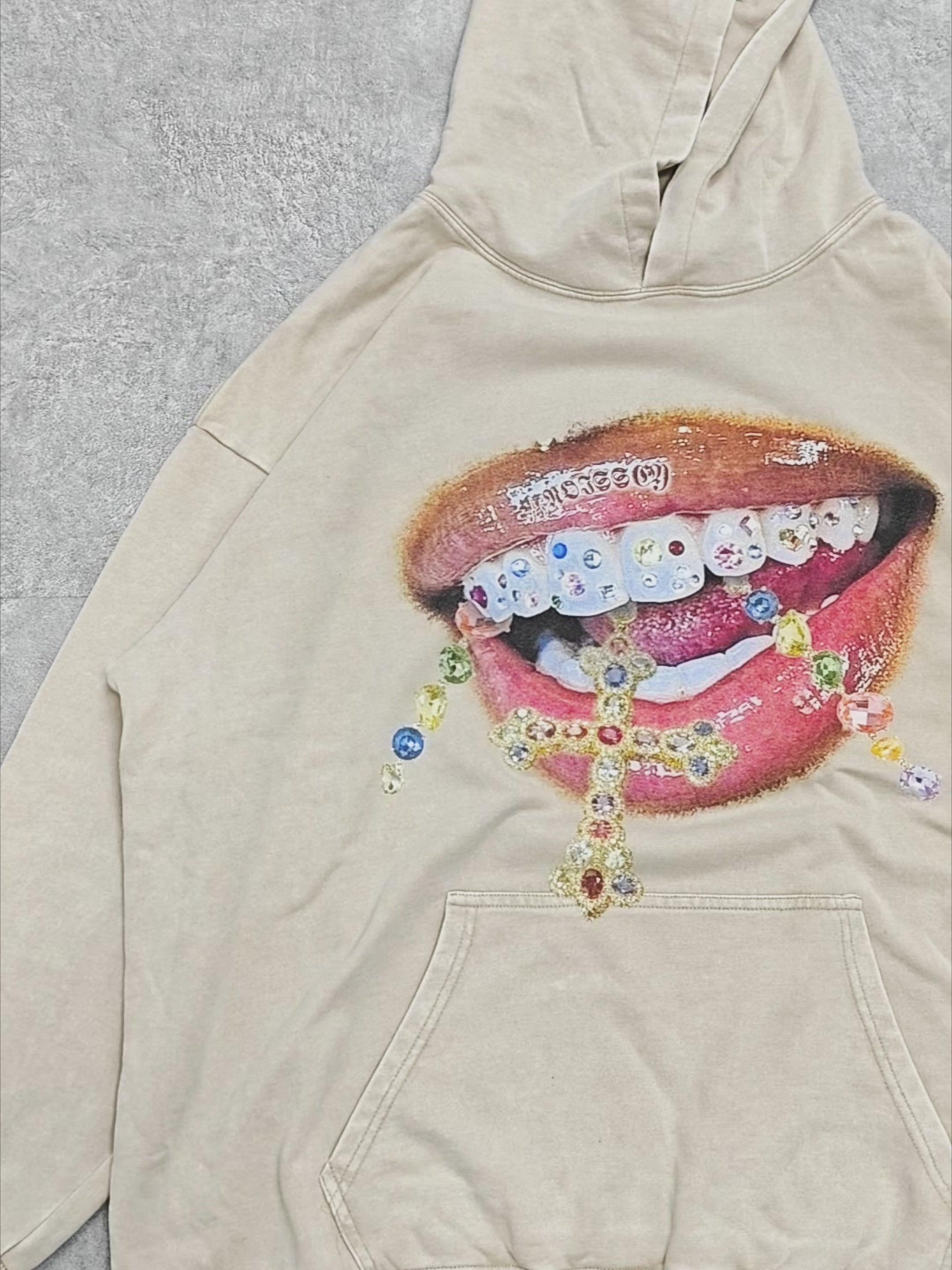 Diamond Teeth Cross Print 350g Washed Hoodie