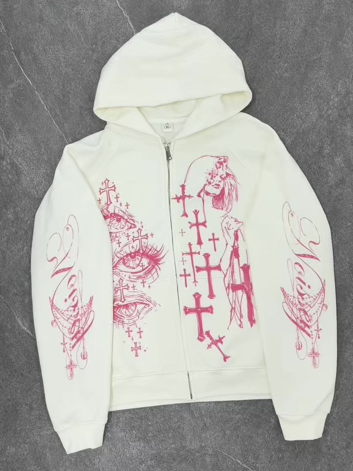NOISSEY Pink Cross All-Seeing Eye Graffiti Zip-Up Hoodie - Pure White