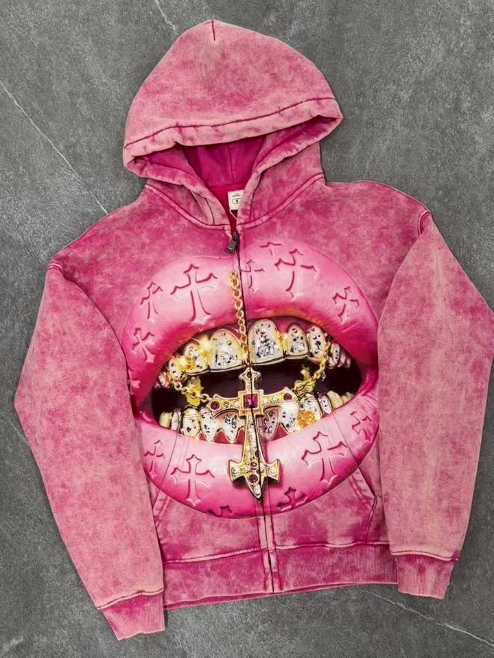 NOISSEY Pink Crucifix Lips Washed Iced Out Zip-Up Hoodie - Pink Hoodie