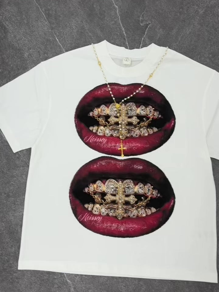 NOISSEY "Burgundy Lips" Golden Cross & Iced-Out Grillz Oversized Graphic Tee