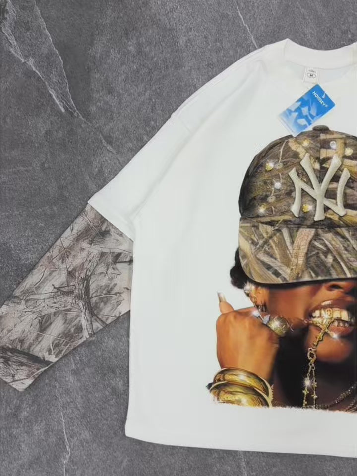 NOISSEY Real Tree Camo "Rhinestone NY" Portrait Layered Long Sleeve