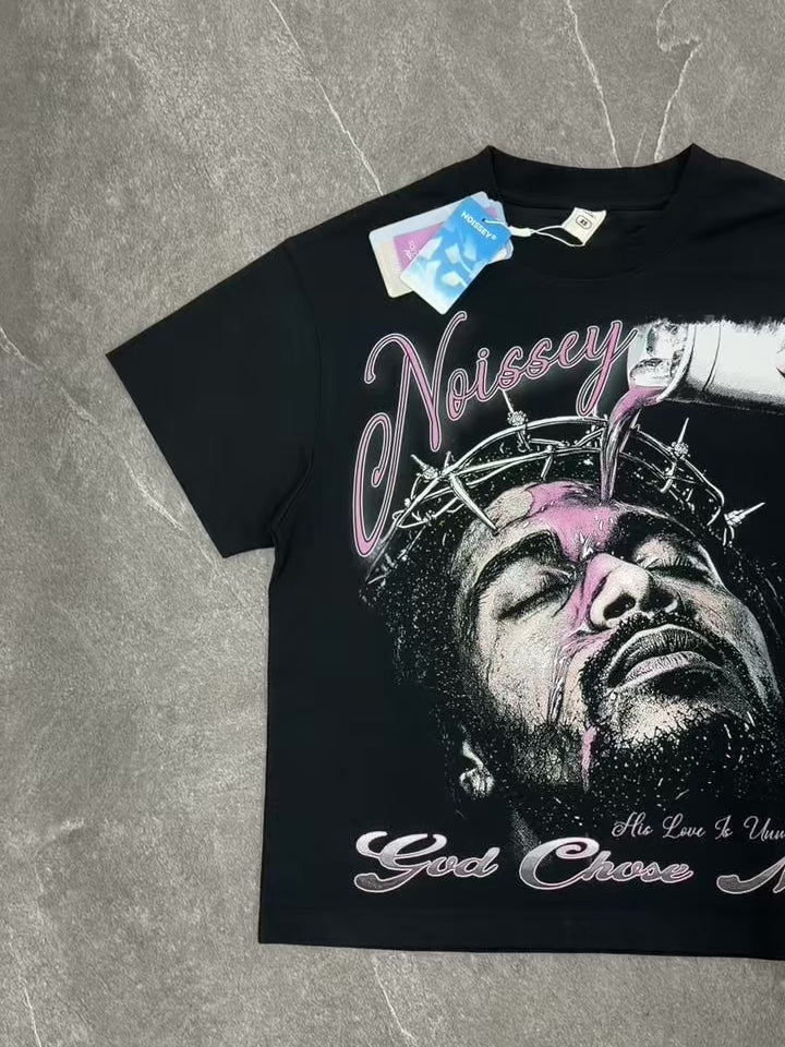 NOISSEY "God Chose Me" Crown of Thorns &amp; Purple Liquid Graphic Boxy Oversized T-Shirt