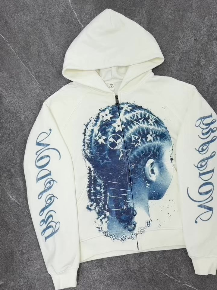 NOISSEY "Blue Braid" Iconic Floral Hair Art Zip-Up Hoodie - White