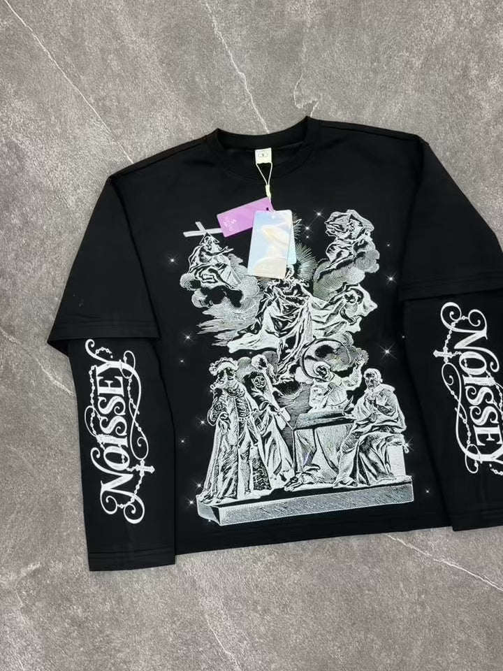 NOISSEY Monochrome Religious Copperplate Print Faux Twin-Set Long Sleeve T-Shirt - Pure Black