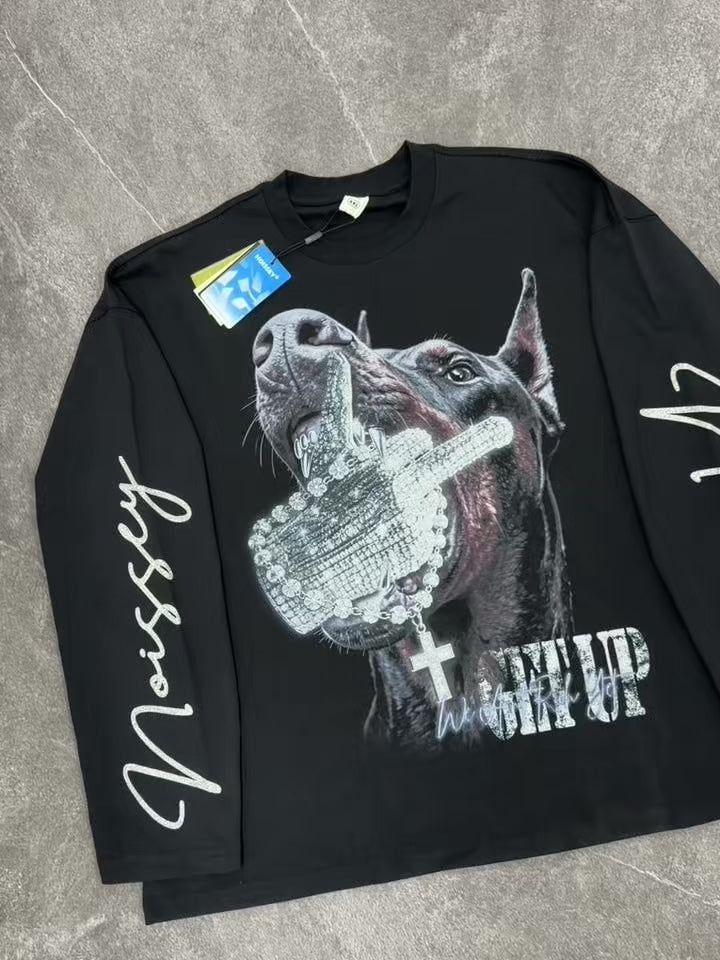 NOISSEY "GET UP" Doberman & Diamond Hand Black Long Sleeve Tee