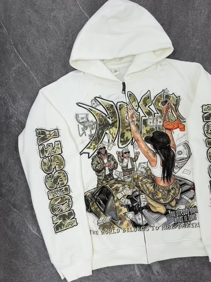 NOISSEY Camo Graffiti Supercar Hustle Theme White Zip-Up Hoodie