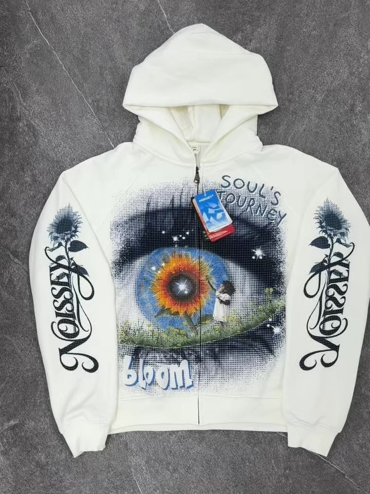 NOISSEY Soul's Journey Giant Blue Eye Sunflower Little Girl White Zip-Up Hoodie