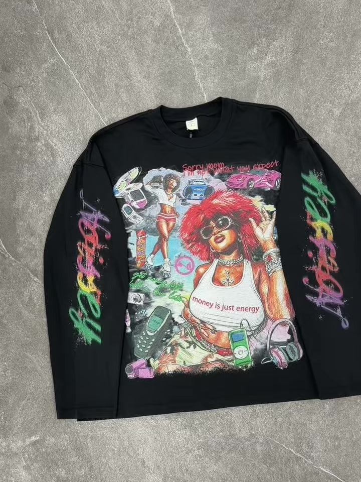 NOISSEY Y2K Retro Graffiti Female Portrait Long-Sleeve Sweatshirt - Pure White / Classic Black