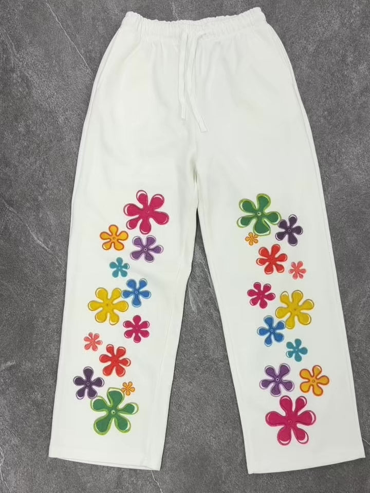NOISSEY Colorful Floral Graffiti Heavyweight Drawstring Casual Pants - White Streetwear Sweatpants