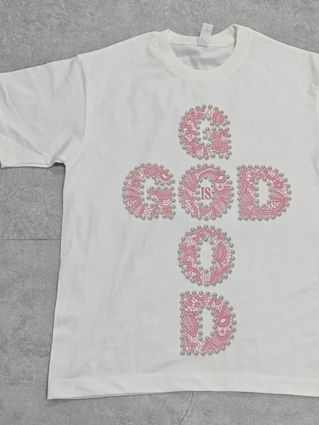 GOD IS GOOD! Lace Pearl Edge Printed T-shirt