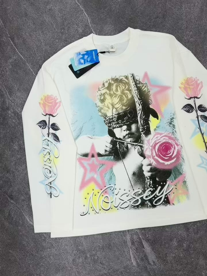 NOISSEY "Blind Cupid" Morandi Tone Paisley Blindfolded Angel &amp; Rose White Long-Sleeve Tee