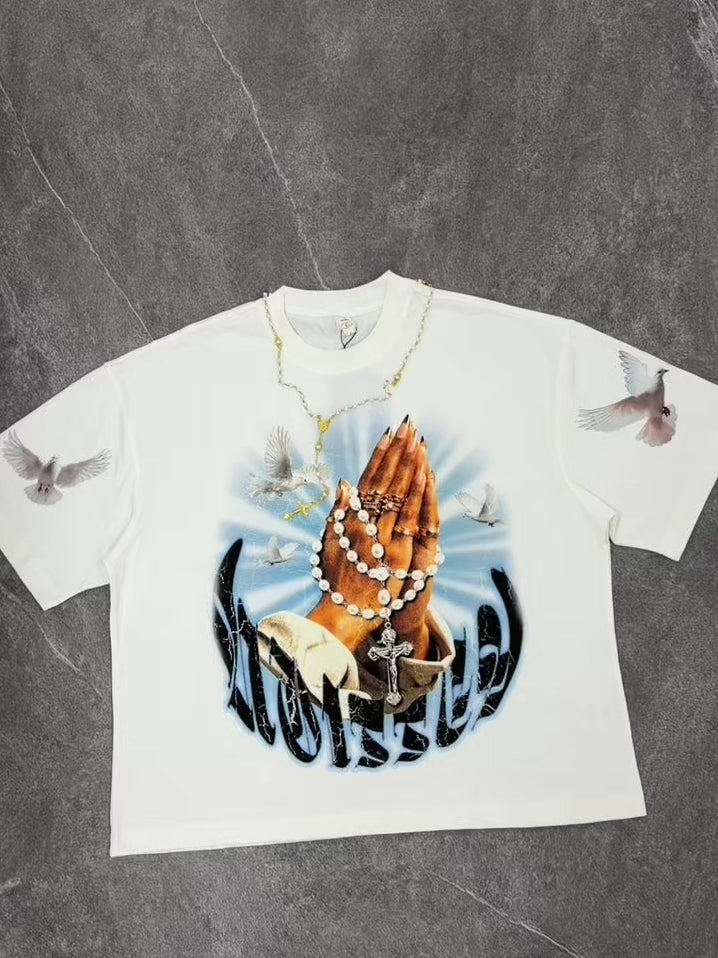 NOISSEY Praying Hands Pearl Rosary Graphic Heavyweight Tee - Crisp White Streetwear Shirt