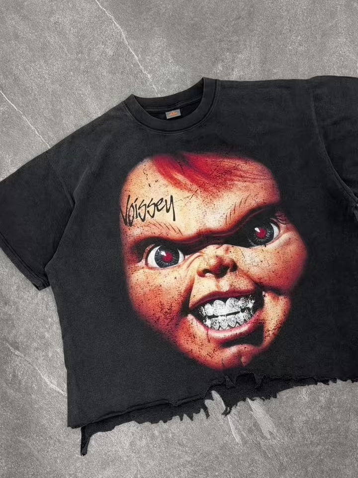 NOISSEY Chucky Vintage Distressed Boxy Hem Graphic Art Tee - Faded Black