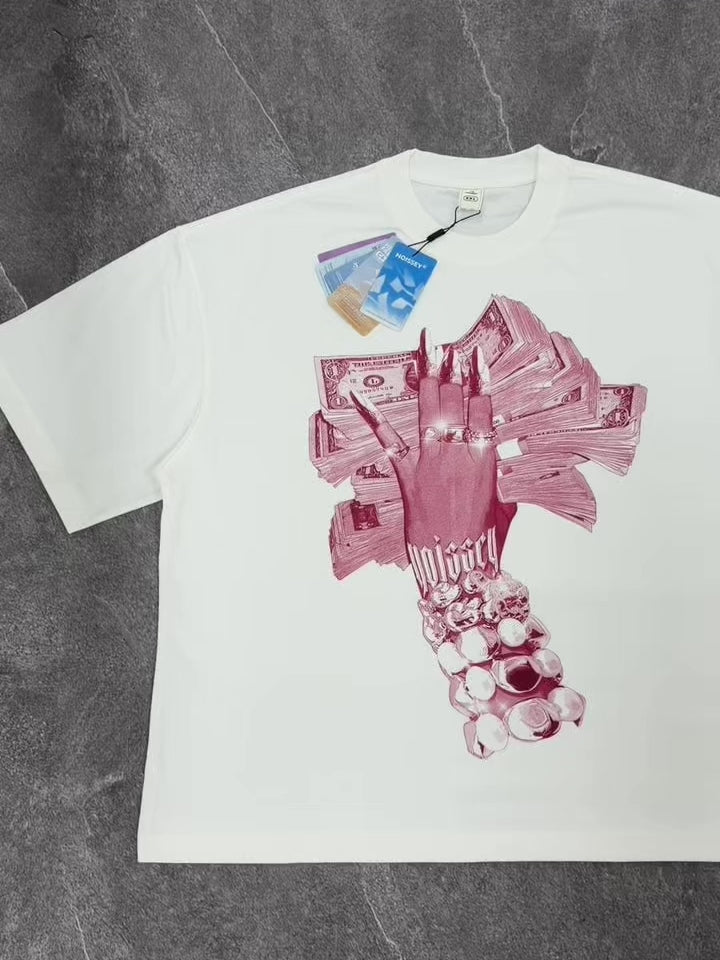 NOISSEY Money Stack & Jeweled Hand Graphic Oversized T-Shirt - Pure White