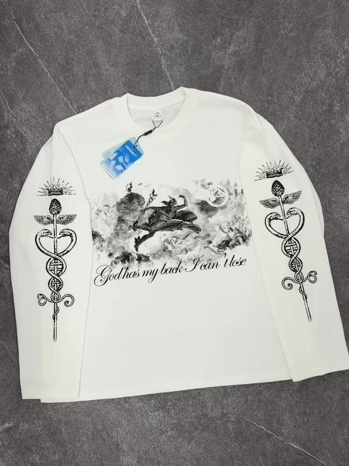 NOISSEY Camiseta de manga larga «Divine Herald» con grabado de mitología griega - Blanco puro