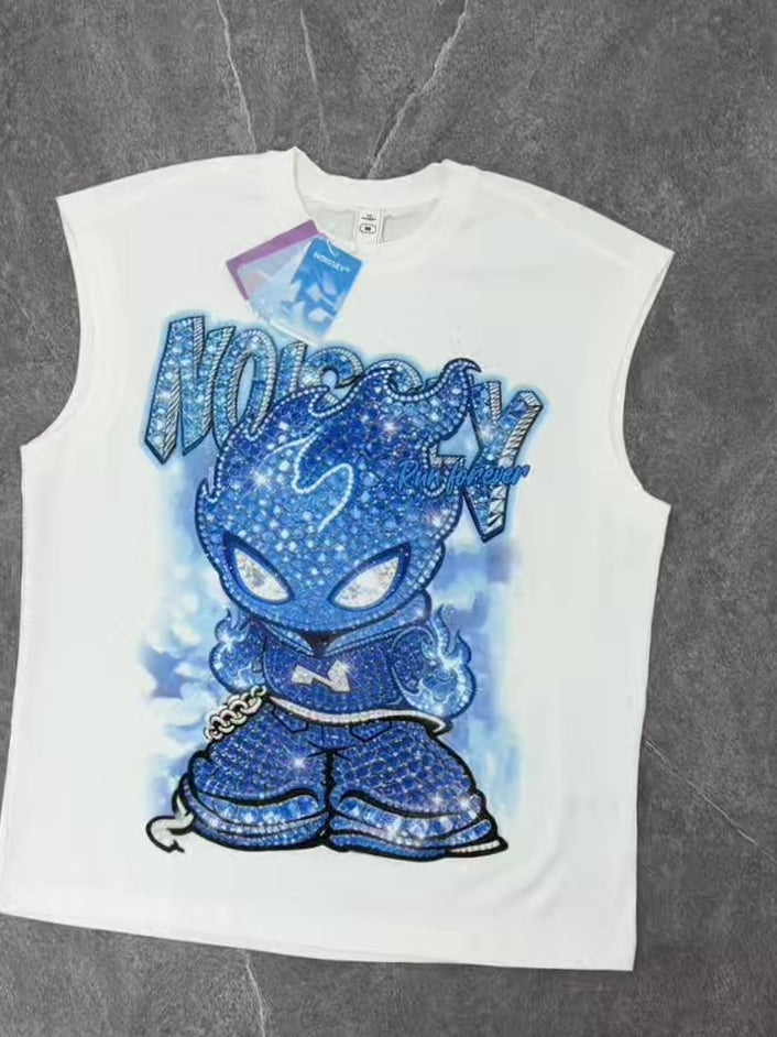 NOISSEY "Blue Ice Flame" Iced-Out Character Tank Top - Heavyweight White