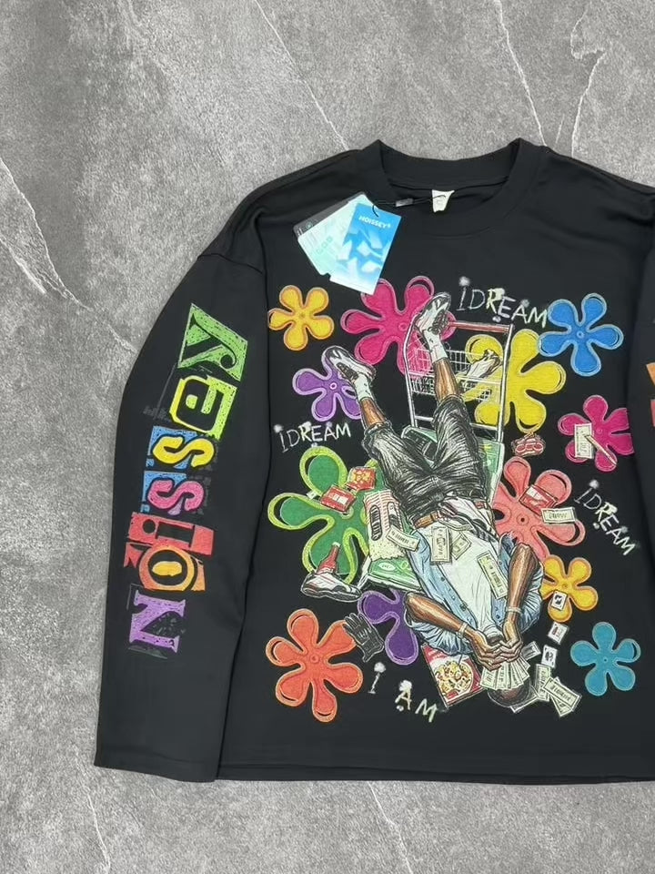 NOISSEY Falling Stars Motorsport Graffiti Art Long Sleeve Tee - White
