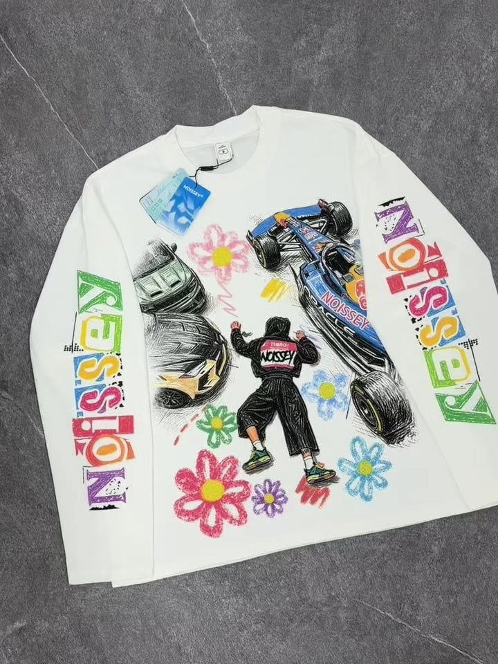 NOISSEY Falling Stars Motorsport Graffiti Art Long Sleeve Tee - White