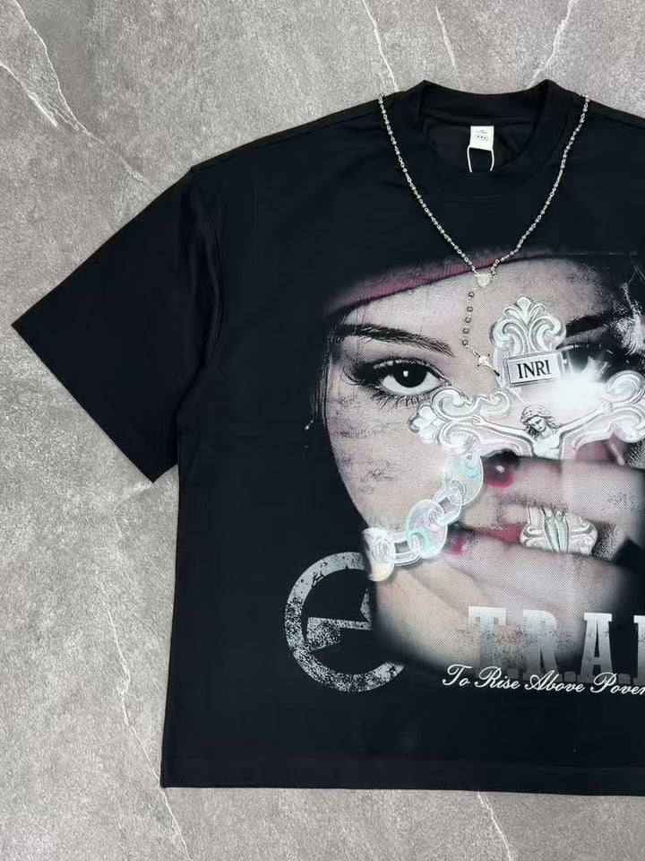 NOISSEY "Sacred Trap" Iridescent Crystal Jesus Rosary Portrait Distressed Boxy Tee