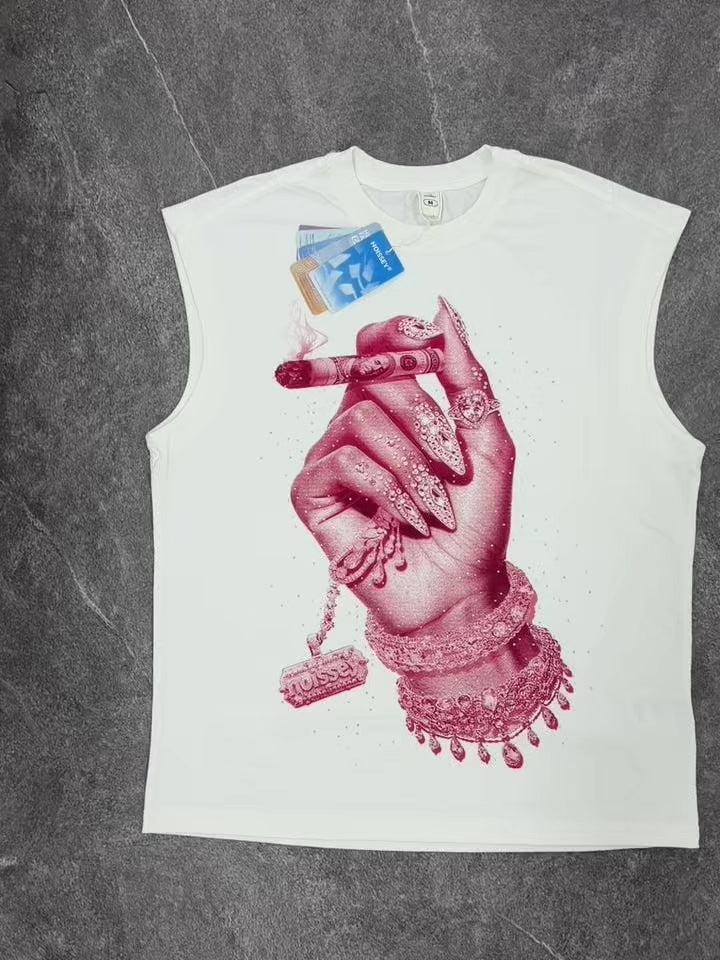 NOISSEY Diamond Nail &amp; Bracelet Hand Gesture Graphic Tank Top - Pure White