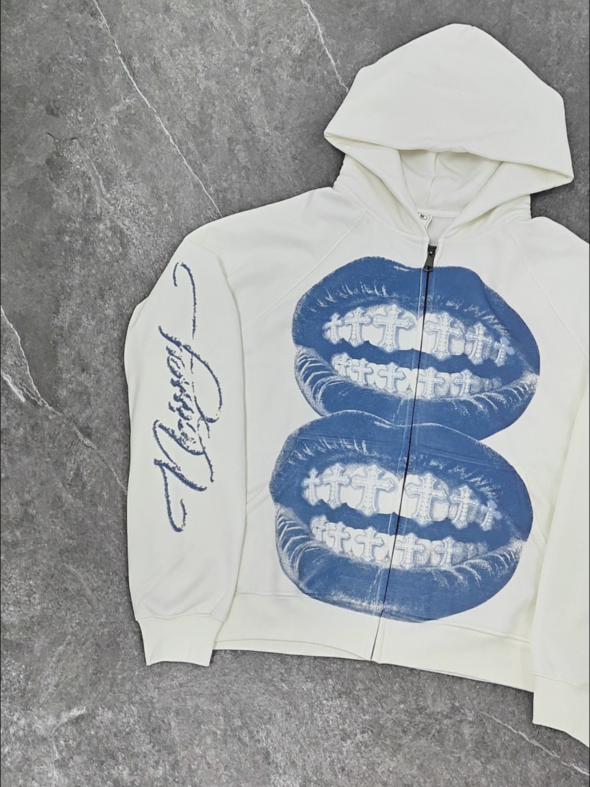 NOISSEY "Blue Monochrome Cross Lips" Cross Grillz White Zip-Up Hoodie