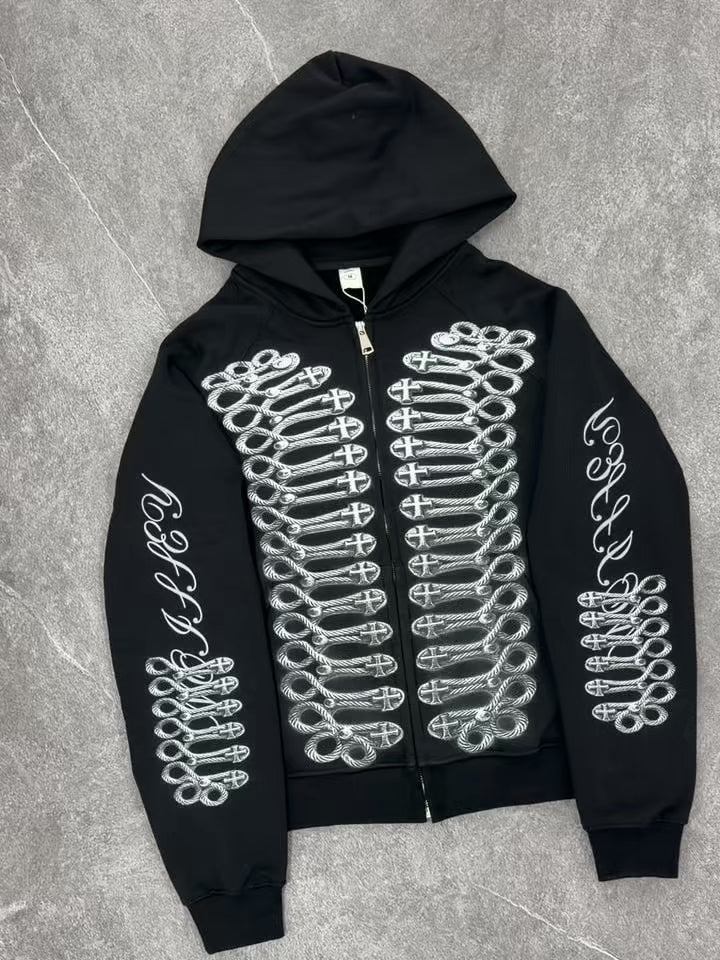 NOISSEY Vintage Metallic Knot Cross Full-Zip Hoodie - Classic Black