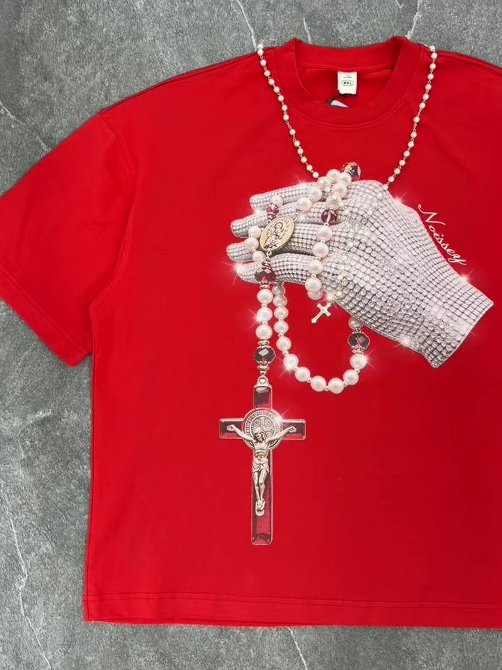 NOISSEY "Devotion Globe" Iced-Out Rhinestone Glove Sacred Pearl Rosary Heavyweight Boxy Tee