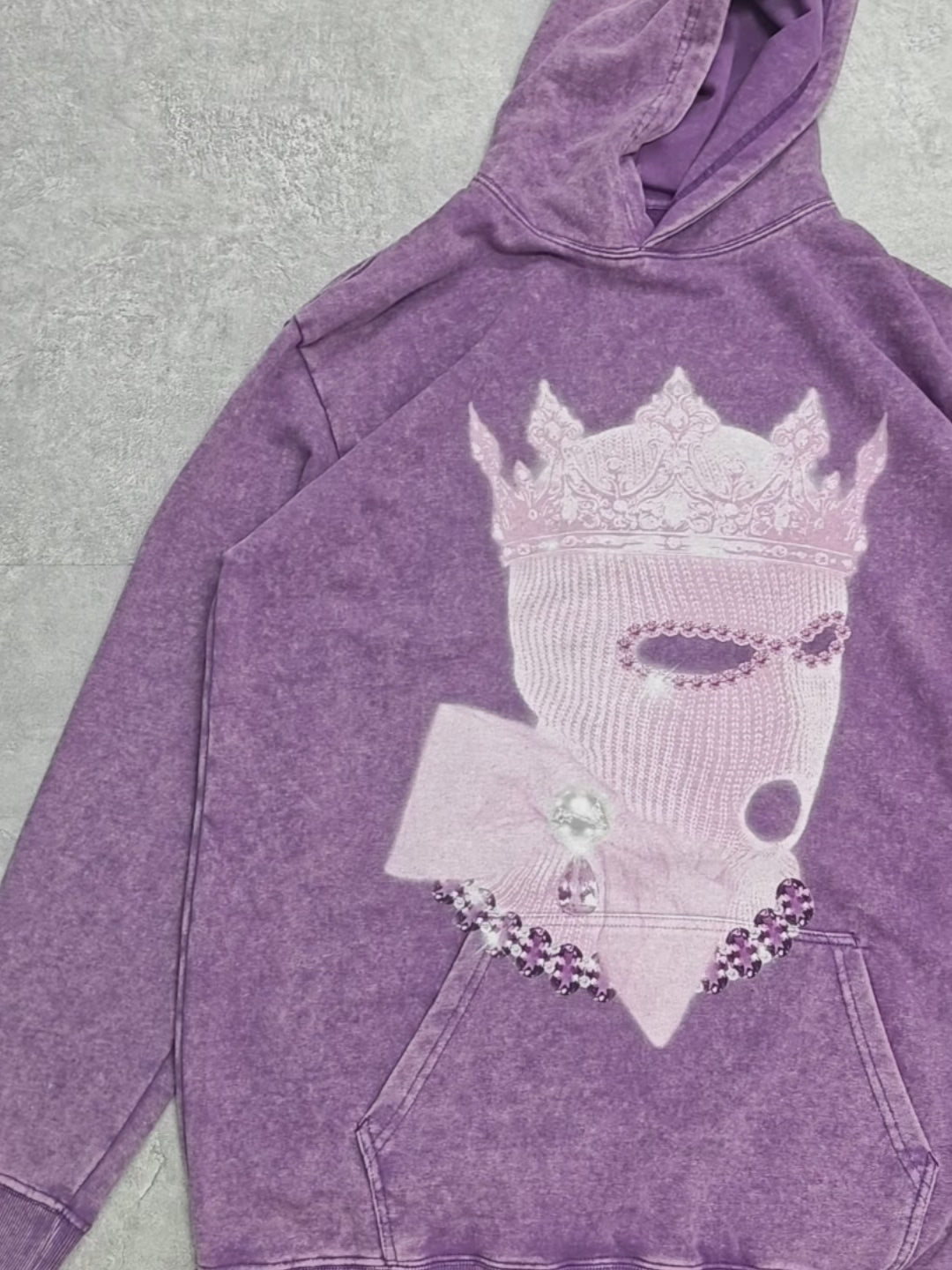 Purple Enchanting Fluorescent Pearl Crown Hood Print 400g Washed Hoodie