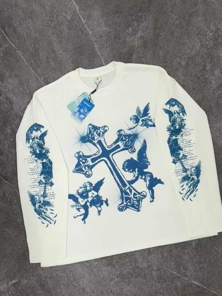 NOISSEY "Blue Cross Angels" Boxy Heavyweight Art Long Sleeve - Cloud White
