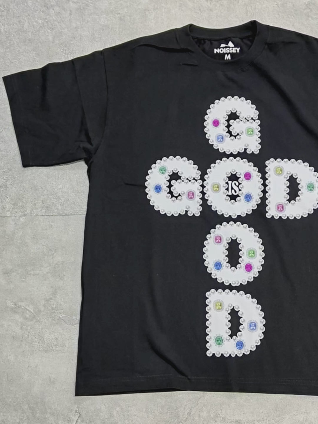 GOD IS GOOD! Colorful Diamond Pearl Edge Printed T-shirt