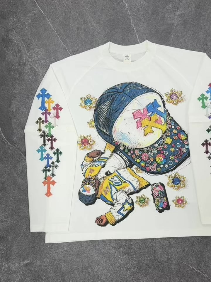 NOISSEY Hip-Hop Trucker Hat Graphic Heavyweight Faux Two-Piece Crewneck Long Sleeves