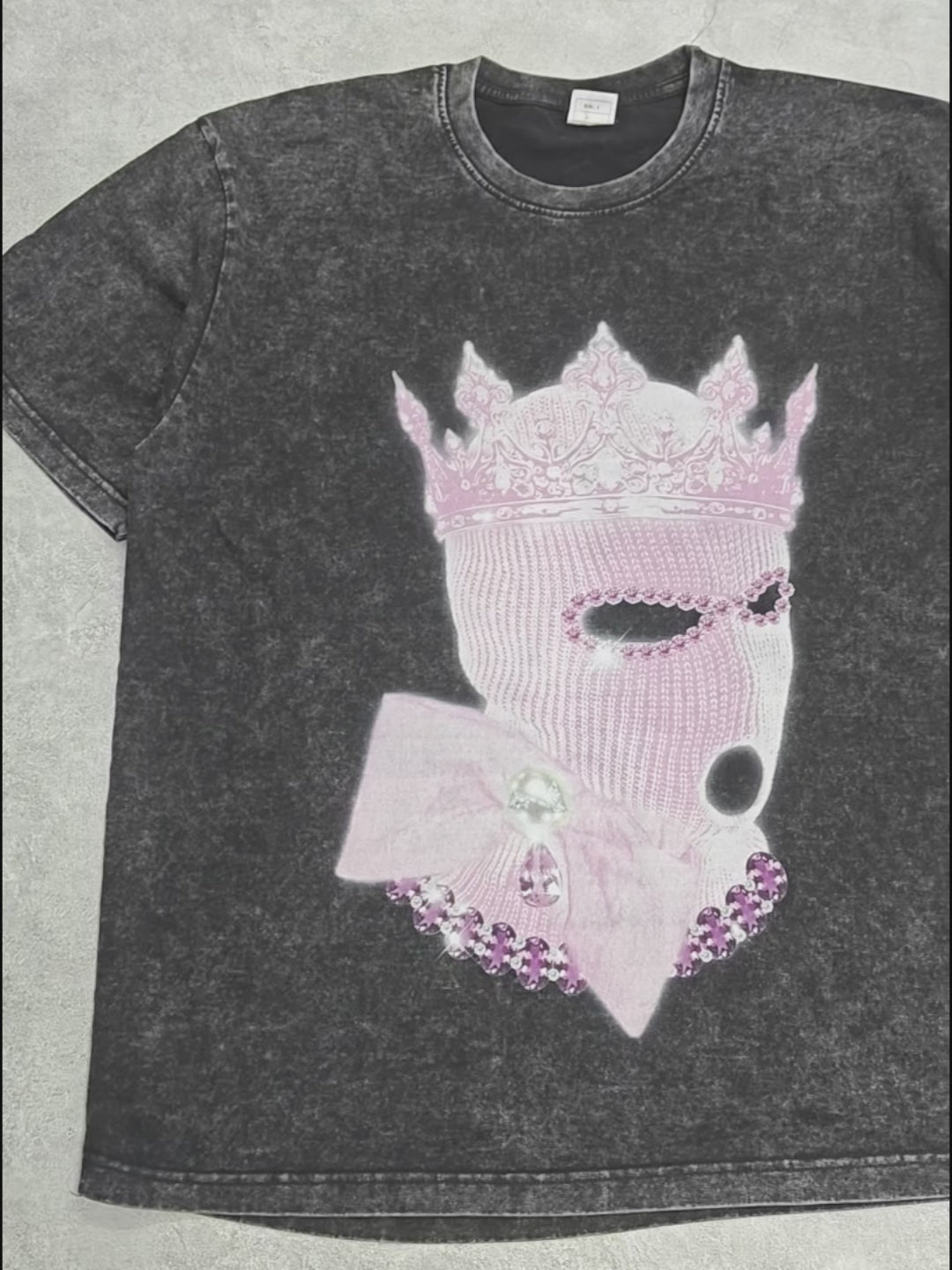 Purple Enchanting Fluorescent Pearl Crown Print Washed T-shirt