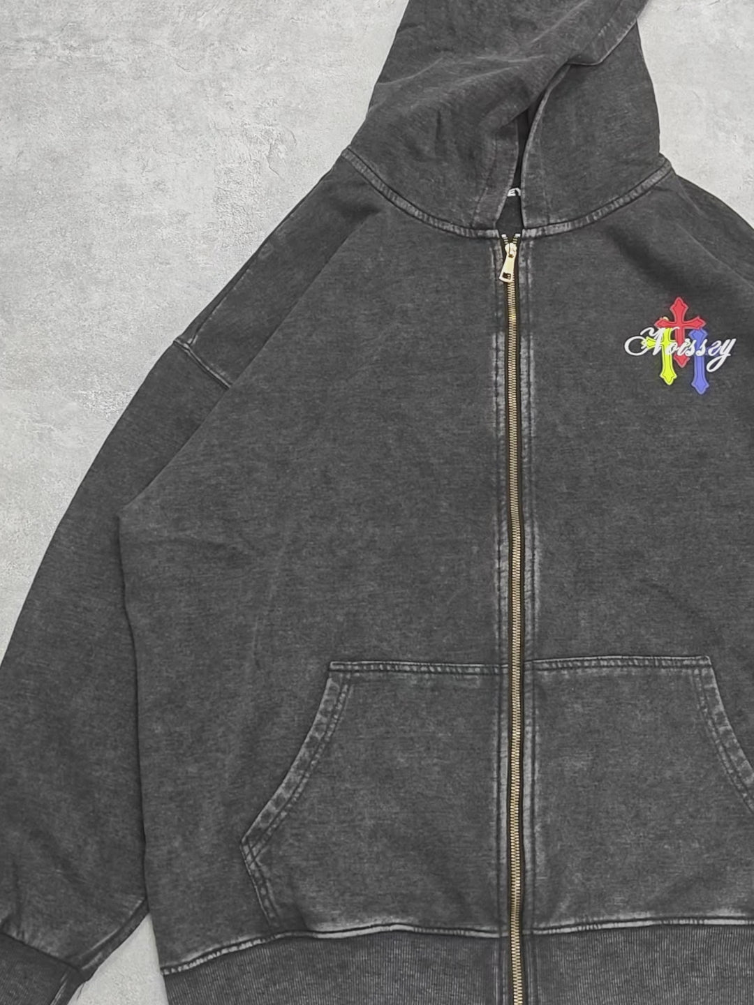 Colorful Cross Zip-Up 350g Black Washed Hoodie