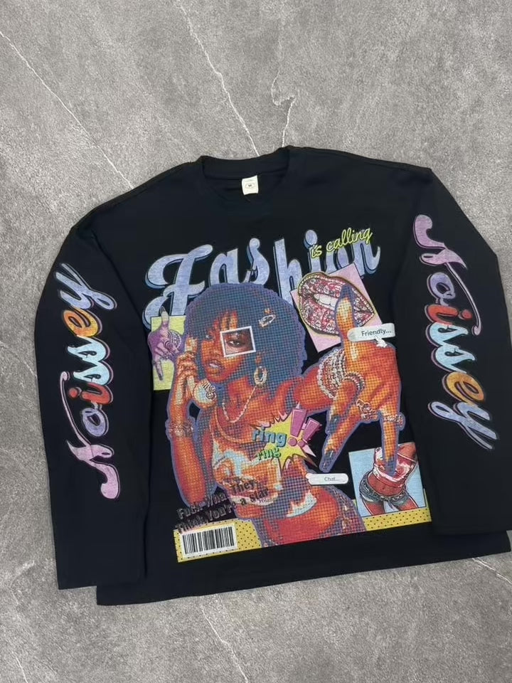 NOISSEY Y2K Pop Art Collage Graphic Long Sleeve Sweatshirt - Black Streetwear Pullover