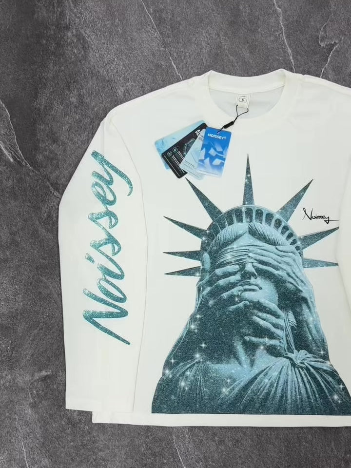 NOISSEY "Liberty Blinded" Teal Diamond Sparkle Graphic Long Sleeve Sweatshirt