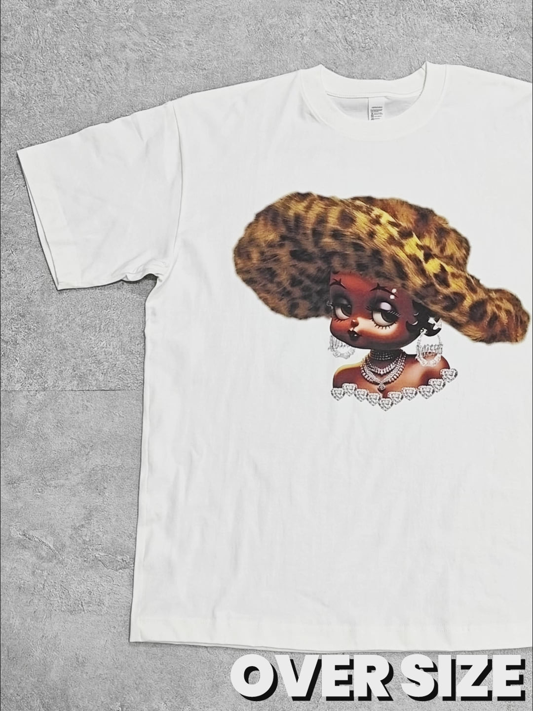 Retro Leopard Print Wide-Brim Hat & Cartoon Girl T-shirt