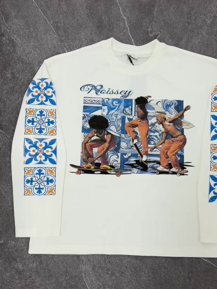 NOISSEY Blue Tile Skater Angels Long-Sleeve Sweatshirt - Pure White