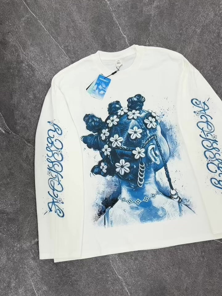 NOISSEY "Vintage Blue" Braided Girl Portrait Long Sleeve Sweatshirt - Off-White