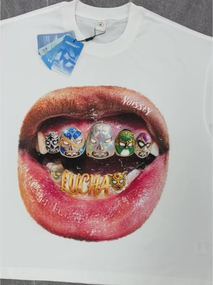NOISSEY "Lucha Grillz" Wrestling Mask Iced-Out Art Print Oversized T-Shirt