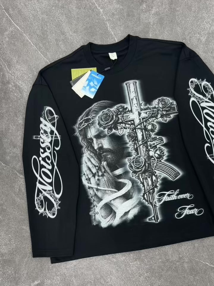 NOISSEY "Faith Over Fear" Praying Jesus &amp; Rose-Entwined AK-Cross Black Long Sleeve Tee